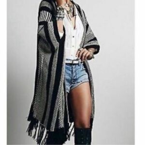 Free People Fringe Kimono Black And Cream One Size Sweater